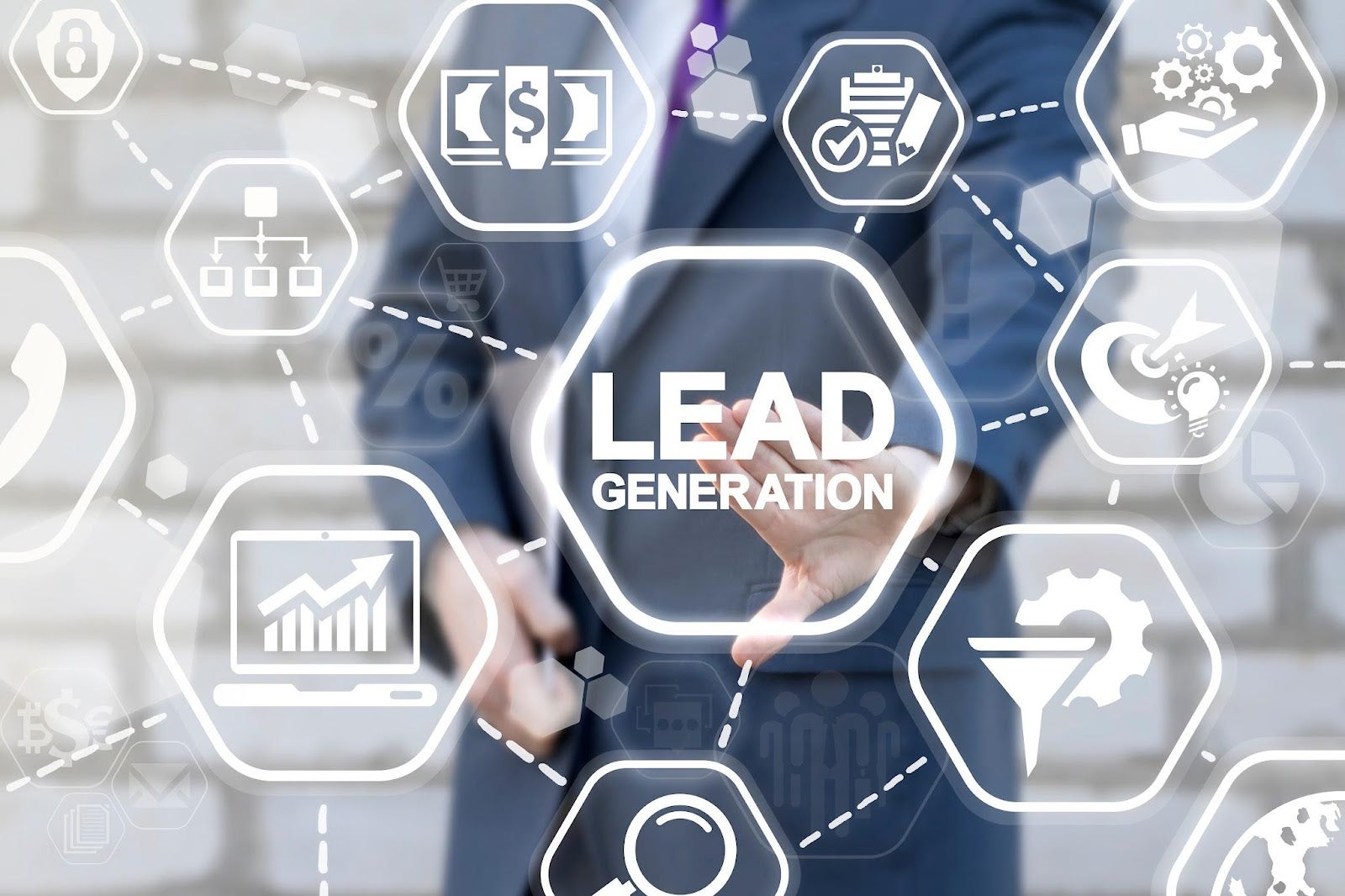A business person behind a screen clicking on translucent lead generation icons.