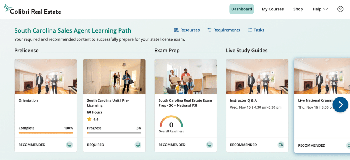 Screenshot of Colibri Real Estate student dashboard