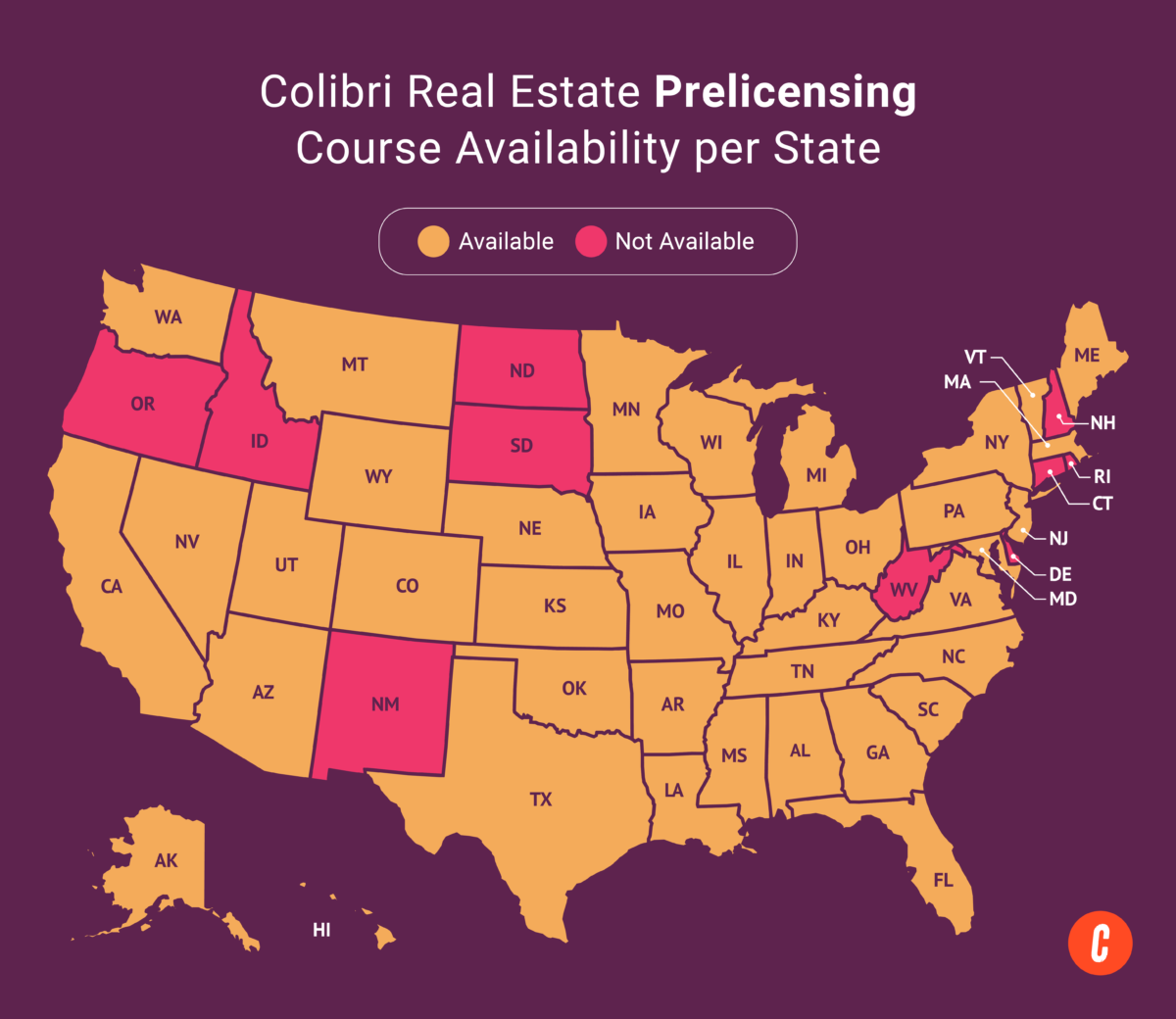 A U.S. map with states where Colibri Real Estate’s available prelicensing courses are shaded