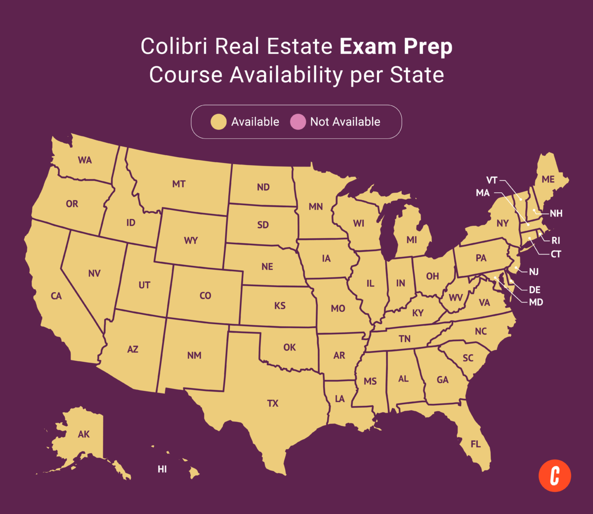A U.S. map with states where Colibri Real Estate’s available exam prep courses are shaded