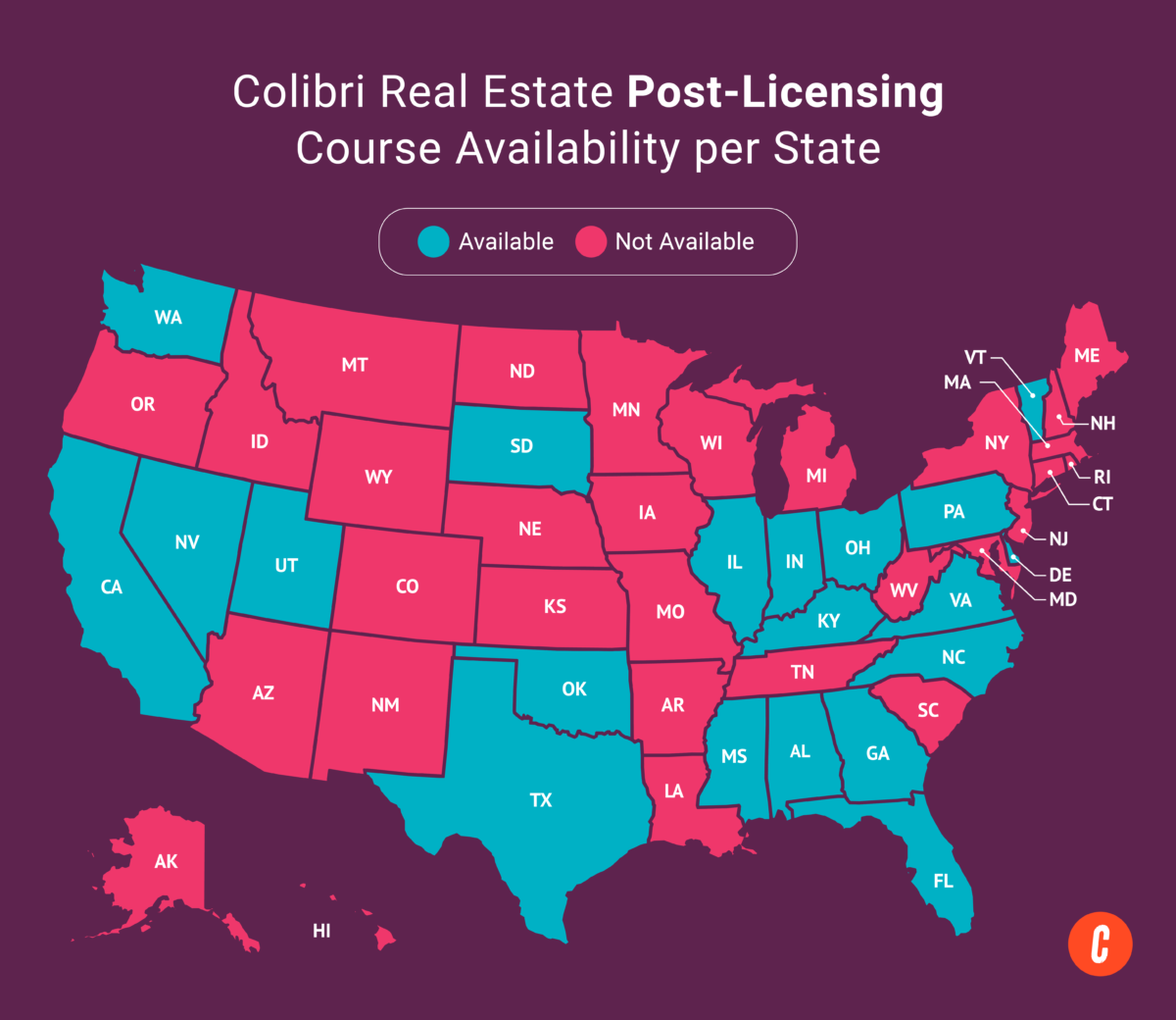 A U.S. map with states where Colibri Real Estate’s available post-licensing courses are shaded