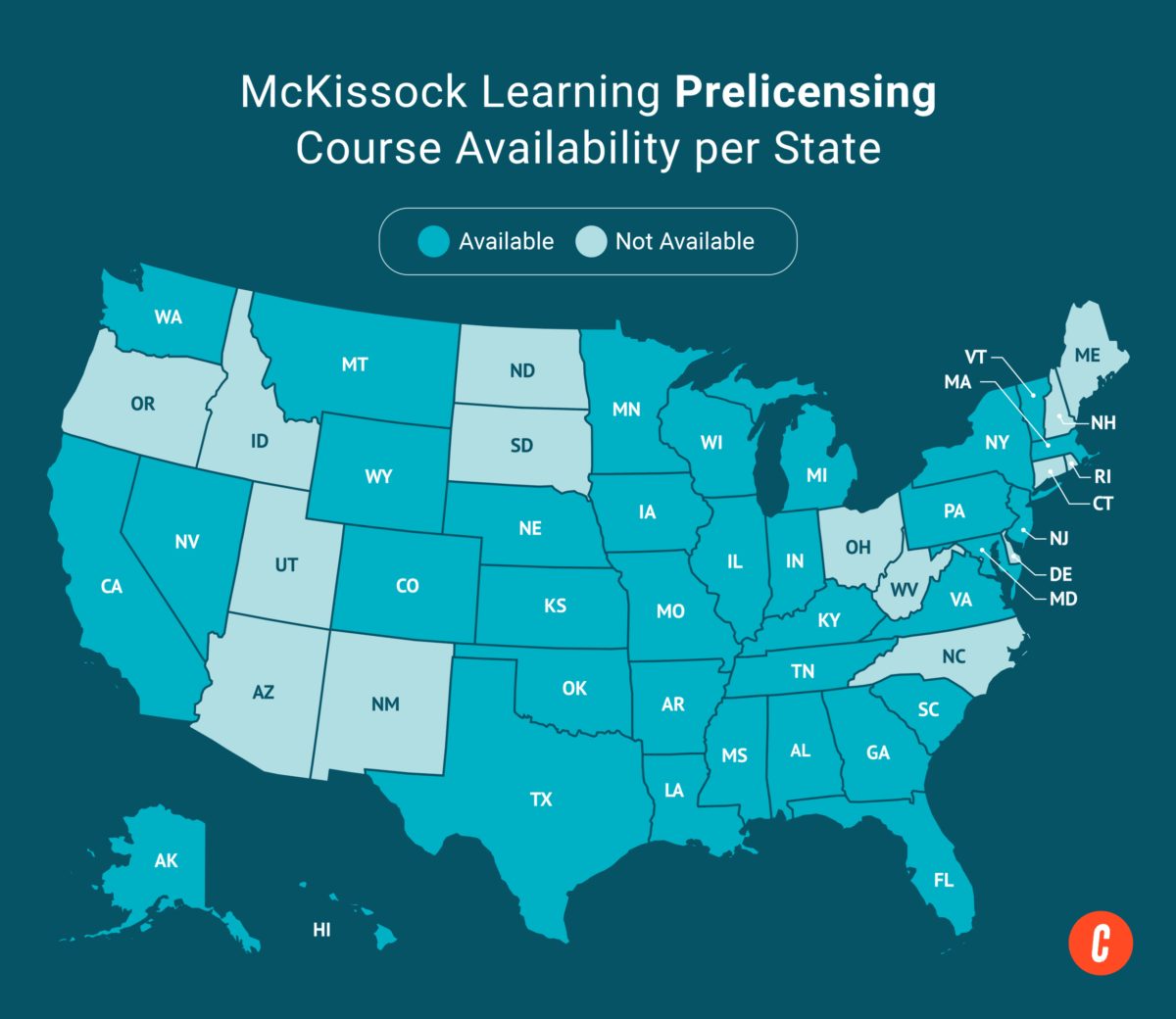 A U.S. map with states where McKissock Learning's available prelicensing courses are shaded