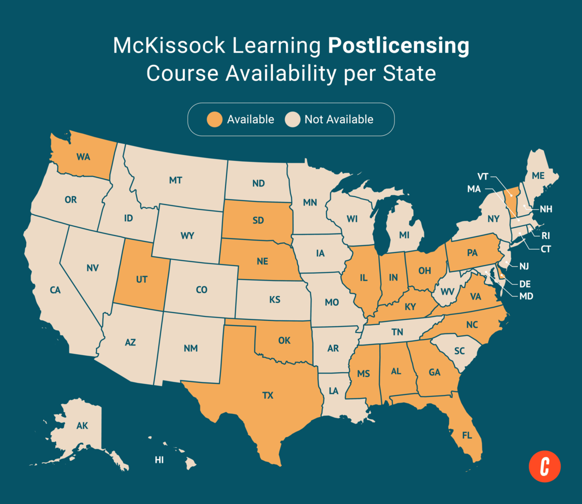 A U.S. map with states where McKissock Learning's available post-licensing courses are shaded