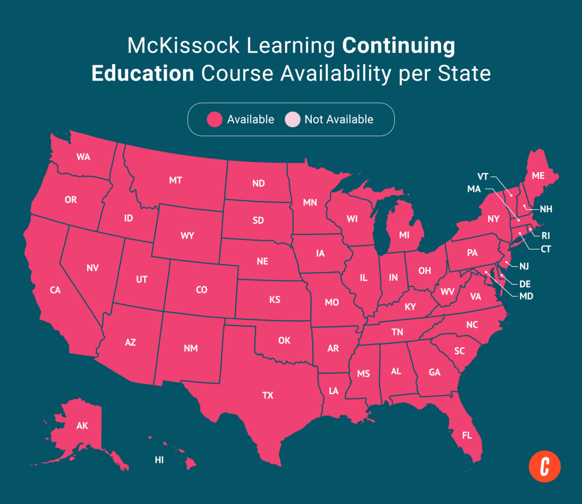 A U.S. map with states where McKissock Learning's available continuing education courses are shaded