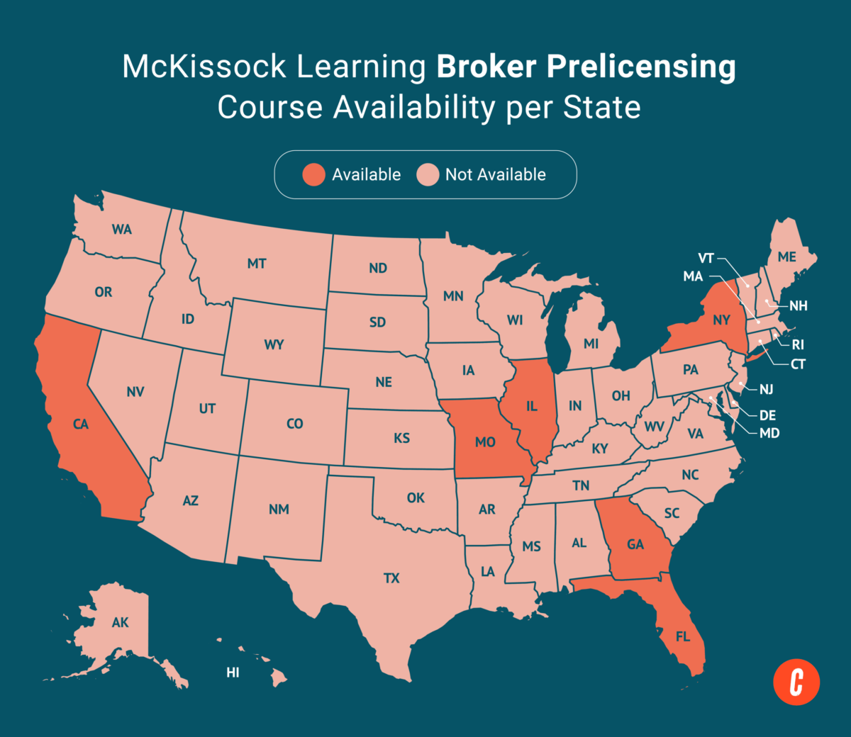 A U.S. map with states where McKissock Learning's available broker prelicensing courses are shaded