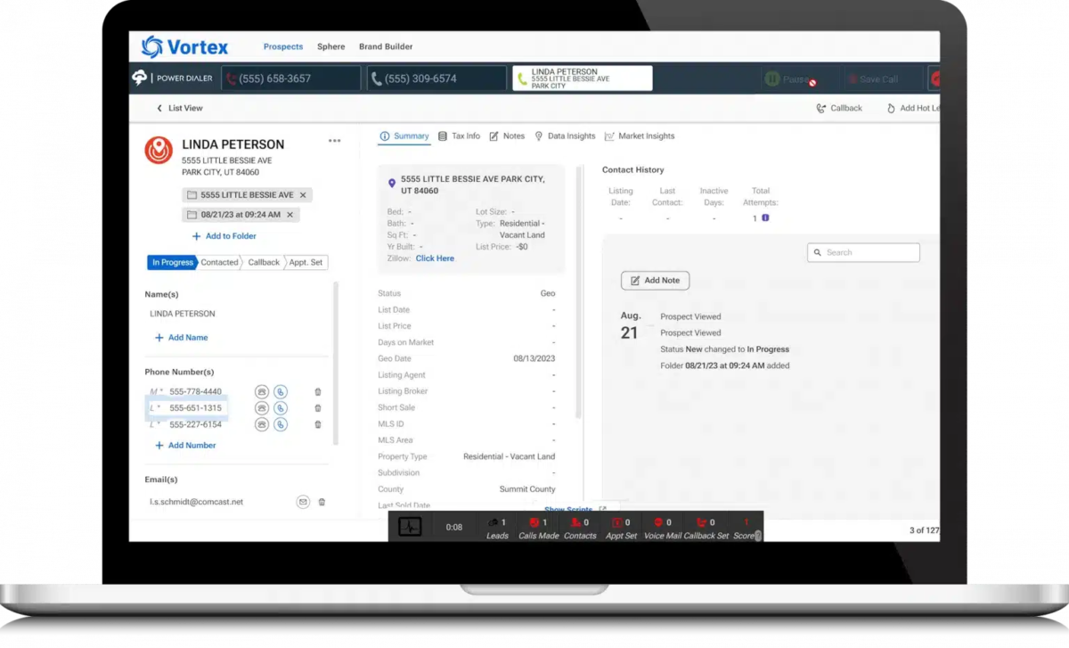 Lead contact information in REDX CRM called Vortex with Power Dialer call features.