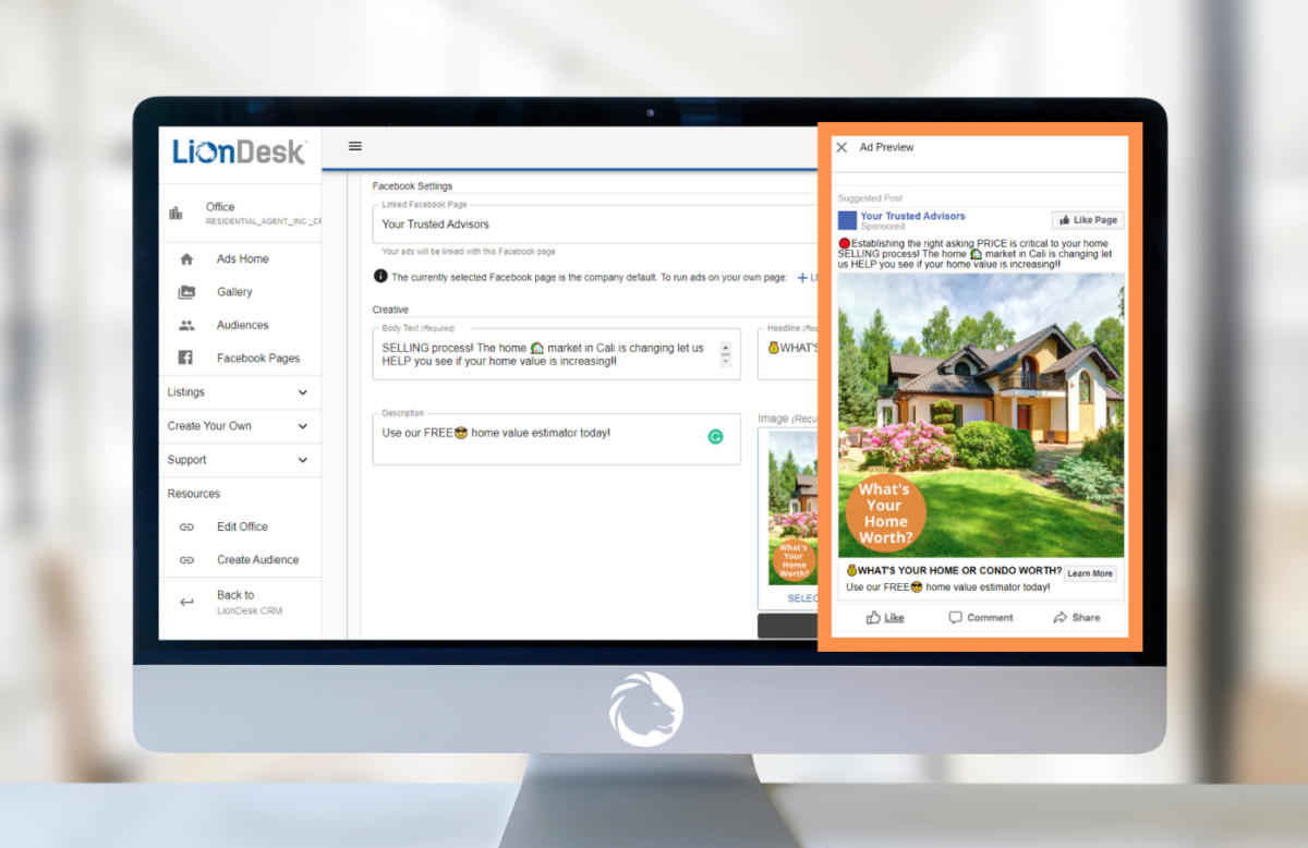 A computer monitor showing the LionDesk CRM with a sample drip campaign email to the left.