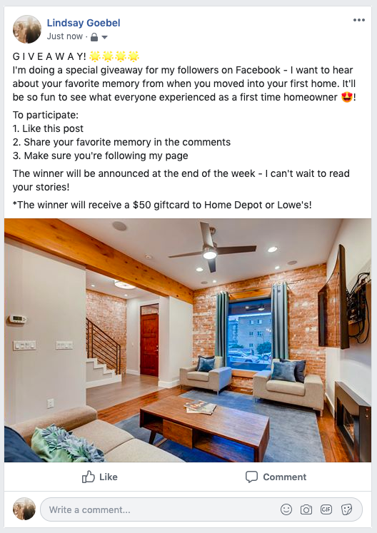 Screenshot of Facebook post with a giveaway and image of living room