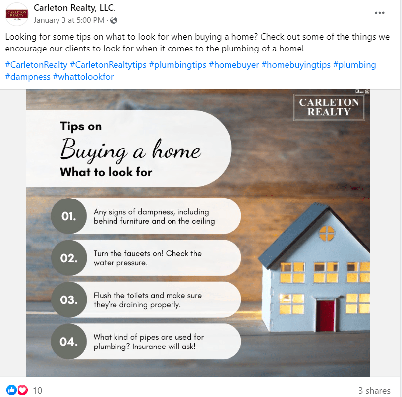 Screenshot of Facebook post with tips on buying a home