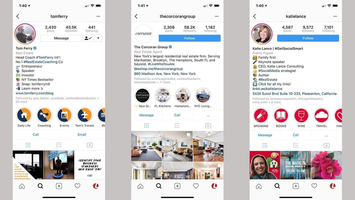 Screenshot of various Instagram pages with highlighted stories