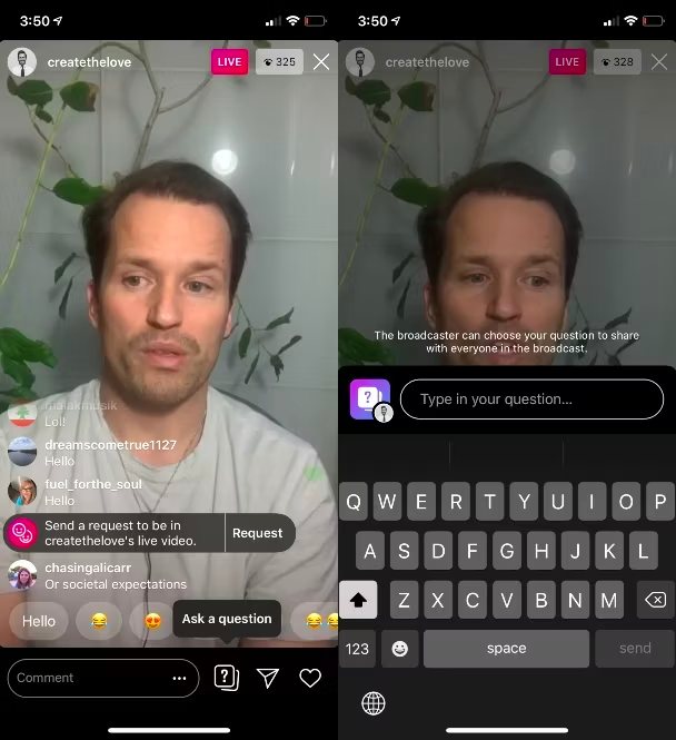 Screenshot of an Instagram live video example