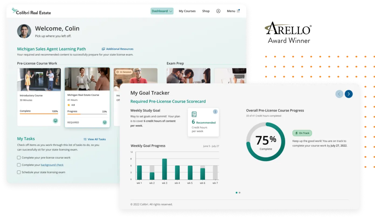 Two screenshots of the Colibri Real Estate dashboard.