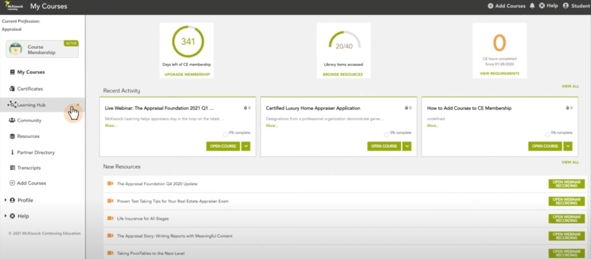 McKissock Learning real estate appraisal student dashboard