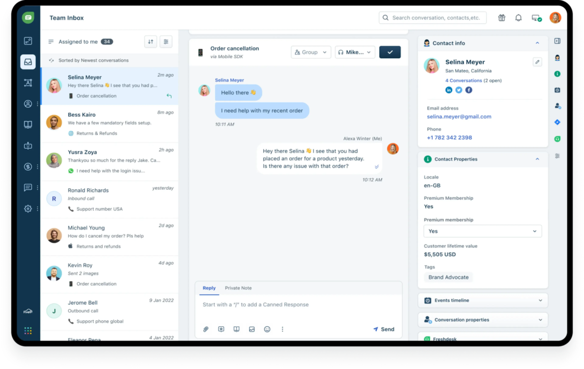 Freshchat team inbox interface