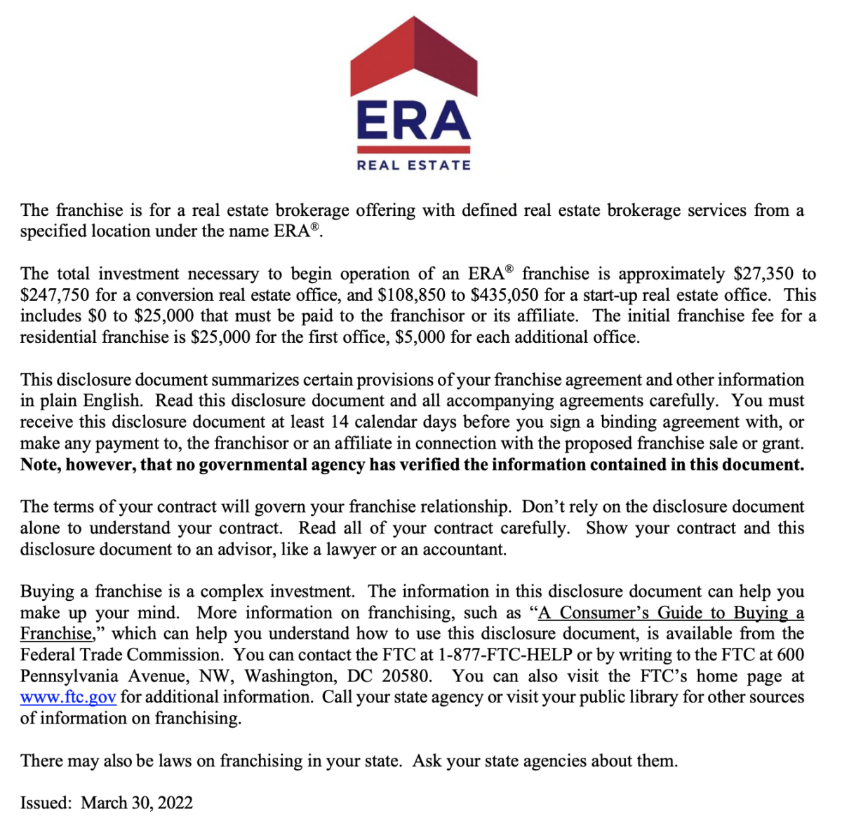 A franchise disclosure document explaining details and terms of agreement.