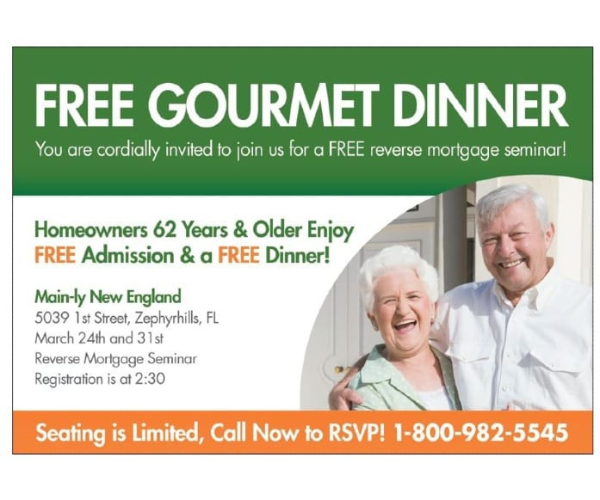with Mortgage marketing material with "free gourmet dinner" message